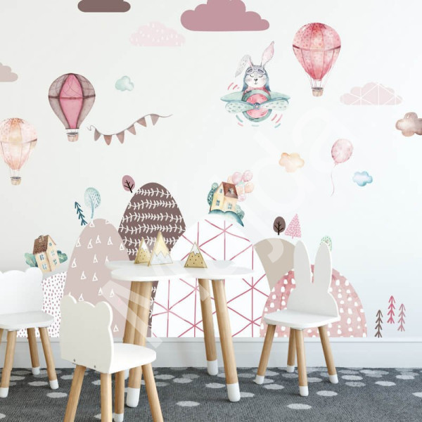 Inspio Samolepky na zeď - Kopce a balóny v růžovém Arch 100 × 130 cm (1690)