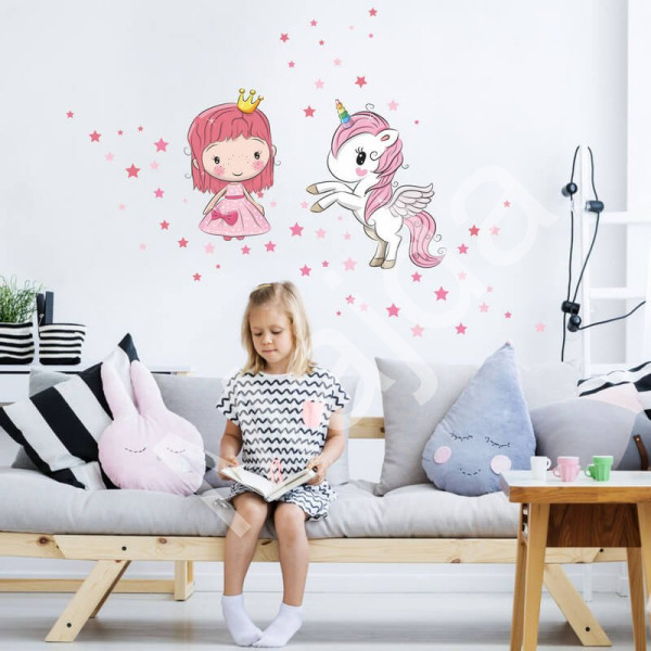 Inspio Samolepky na zeď pro holčičky - Princezna a jednorožec princezna 60 × 38 cm, jednorožec 68 × 55 cm + hvězdičky (1110)
