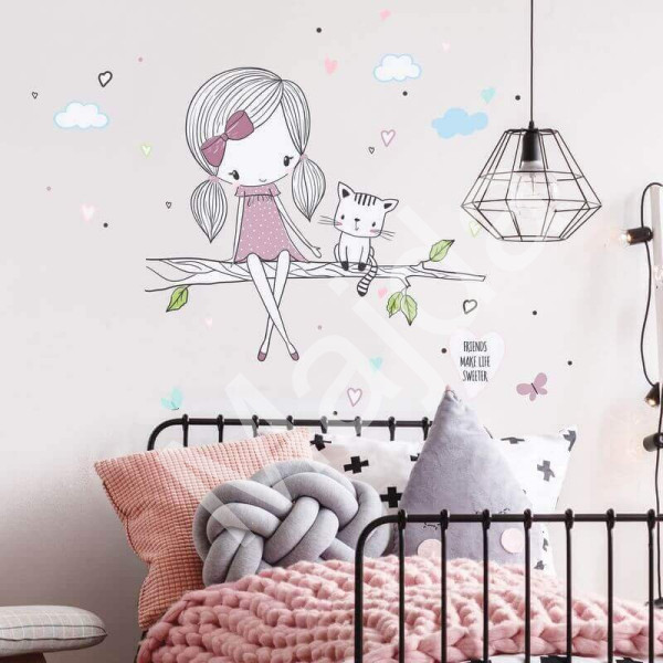 Inspio Samolepky do dětského pokoje - INSPIO víla na větvi s kočičkou ve fialovém provedení N.3. Víla 81 × 94 cm fialková (1110)
