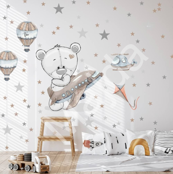 Inspio Samolepka pro kluky do chlapeckého pokoje - Medvídek s letadlem v. 77 x š. 74cm + doplňky