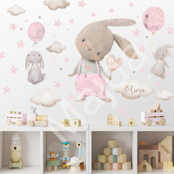 Inspio Akvarelové nálepky na zeď - Světle růžoví zajíčci Velký zajíček v. 76 x š. 64 + zajíčci s balony a doplňky