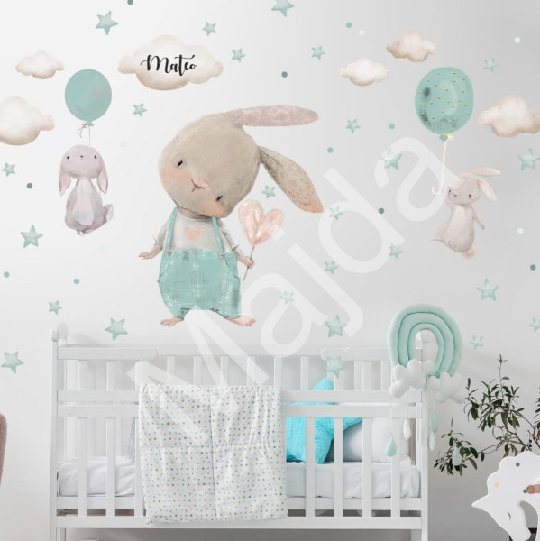 Inspio Samolepka nad postýlku - Zajíčci s hvězdami a balony Velký zajíček v. 76 x š. 64 + zajíčci s balony a doplňky