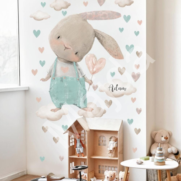 Inspio Nálepka na zeď - Akvarelový zajíček s mentolovými srdíčky v.75 x š.91cm + doplňky
