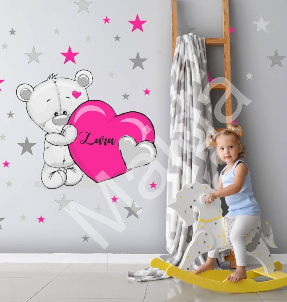 Inspio Samolepka na stěnu pro dívku - Medvídek se jménem a srdíčkem v. 76 x š. 90cm + hvězdy