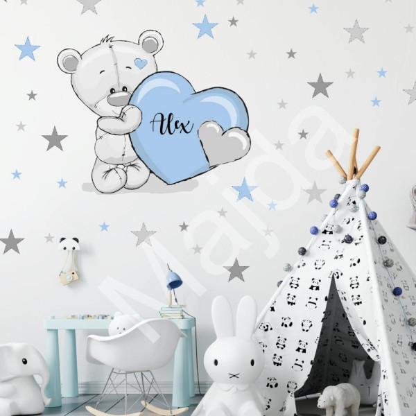 Inspio Samolepky do dětského pokoje - Medvídek s hvězdami v modré barvě v. 76 x š. 90cm + hvězdy