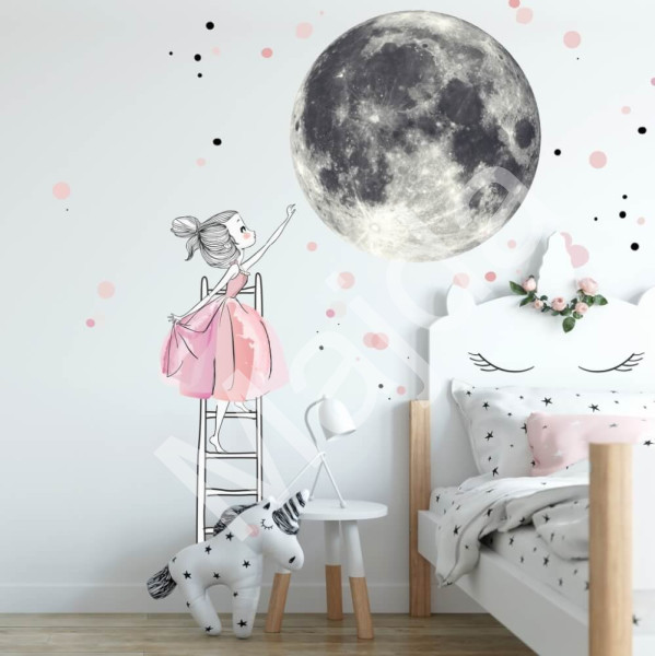 Inspio Samolepka na zeď - Měsíc a dívka na žebříku