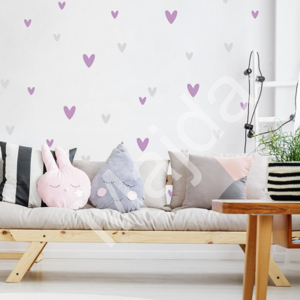 Inspio Nálepky na zeď pro dívku - Fialová srdíčka pro dívku, samolepka na zeď, přelepitelná