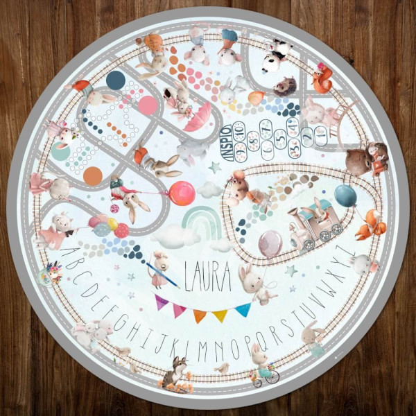 Inspio Hrací podložka pro děti na hraní s cestami a jménem - Akvareloví zajíčci