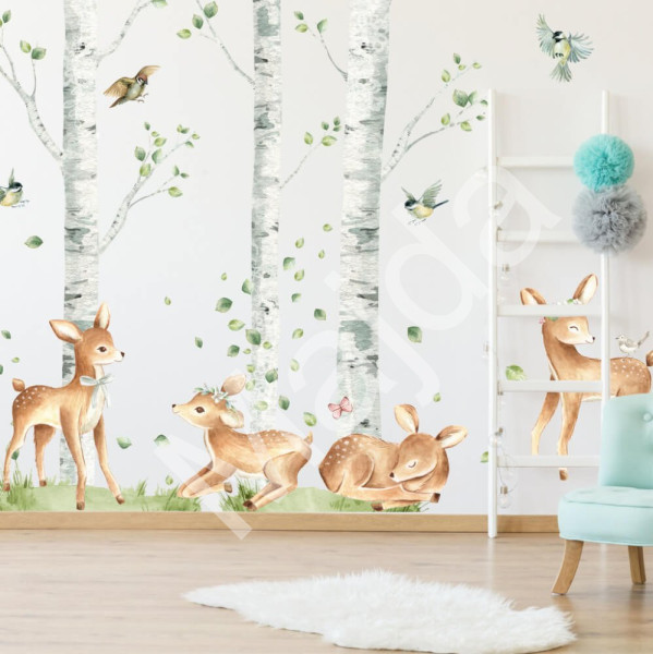 Dětské samolepky na zeď - Hravé srnky v březovém lese