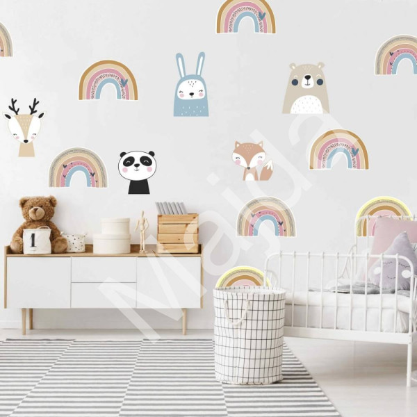 Inspio Samolepky do dětského pokoje - Duhy v růžové barvě se zvířatky