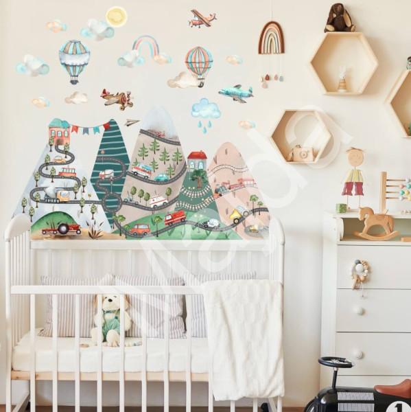 Inspio Samolepky na zeď pro kluky - Kopce s autíčky a balony