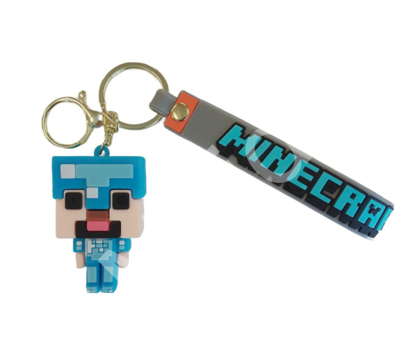 Bagito Dětská klíčenka Minecraft Diamantový Steve s poutkem a karabinou