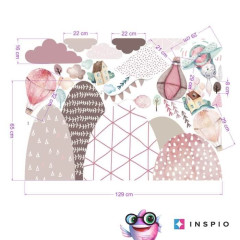 Inspio Samolepky na zeď - Kopce a balóny v růžovém Arch 100 × 130 cm (1690)