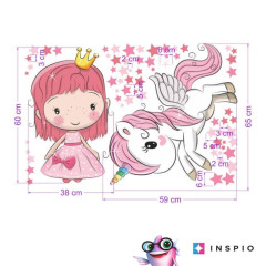 Inspio Samolepky na zeď pro holčičky - Princezna a jednorožec princezna 60 × 38 cm, jednorožec 68 × 55 cm + hvězdičky (1110)