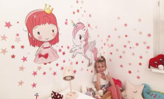 Inspio Samolepky na zeď pro holčičky - Princezna a jednorožec princezna 60 × 38 cm, jednorožec 68 × 55 cm + hvězdičky (1110)