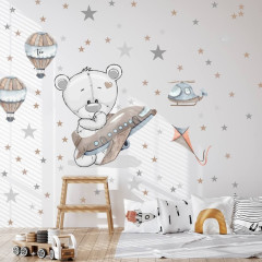 Inspio Samolepka pro kluky do chlapeckého pokoje - Medvídek s letadlem