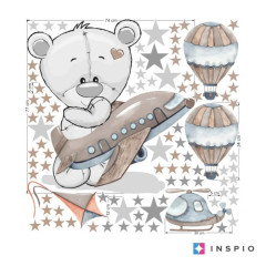 Inspio Samolepka pro kluky do chlapeckého pokoje - Medvídek s letadlem v. 77 x š. 74cm + doplňky