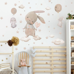 Inspio Samolepky pro děti - Zajíci s hvězdičkami, balony a jménem