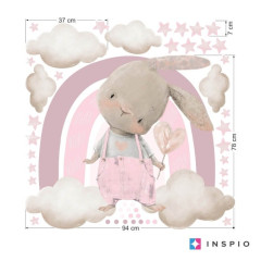 Inspio Přelepitelná samolepka nad postýlku pro holčičku - Zajíček s růžovou duhou v.78 x š.94cm + doplňky