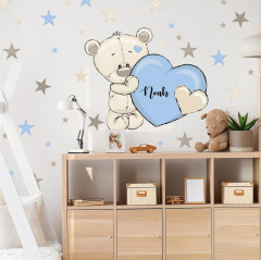 Inspio Modrá samolepka na zeď pro deti - Medvídek se jménem a srdíčkem