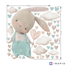 Inspio Nálepka na zeď - Akvarelový zajíček s mentolovými srdíčky v.75 x š.91cm + doplňky