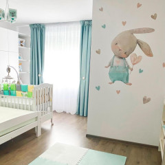 Inspio Nálepka na zeď - Akvarelový zajíček s mentolovými srdíčky v.75 x š.91cm + doplňky