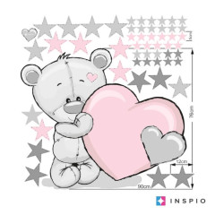 Inspio Dětská samolepka na zeď - Medvídek s pudrovým srdíčkem a jménem v. 76 x š. 90cm + hvězdy