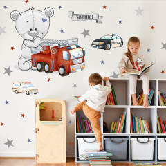 Inspio Samolepky na zeď pro kluky - Zásahová auta a medvídek do dětského pokoje