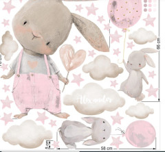 Akvarelové nálepky na zeď - Světle růžoví zajíčci (6)