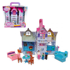 Toybit Přenosný domeček pro panenky s nábytkem a figurkami 25cm